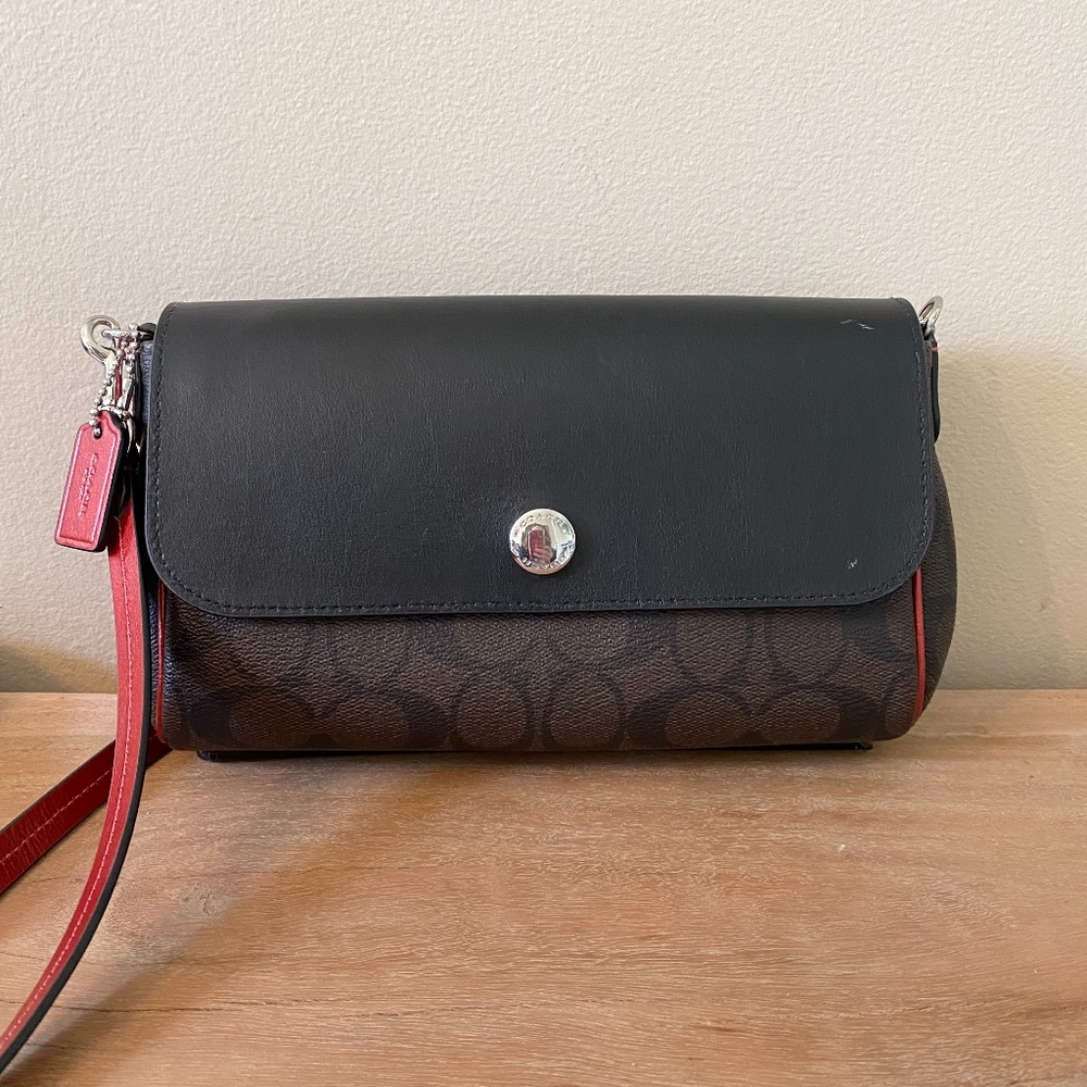 COACH Signature Coated Canvas Red Metallic Reversable Crossbody/Clutch